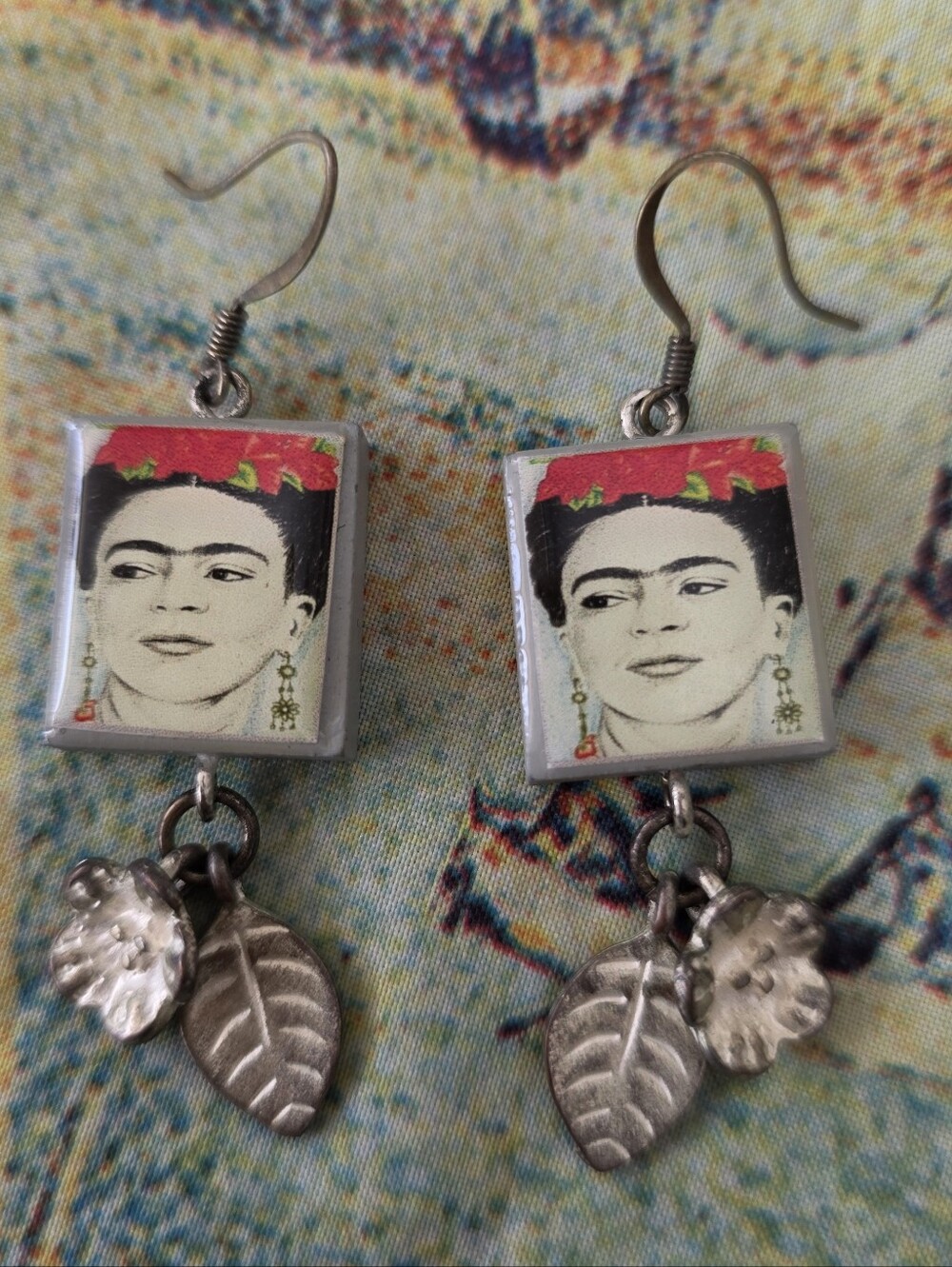 Frida Kahlo Boho Y2K Artsy Red Accent Portrait Dangle Earrings Handcrafted Wood